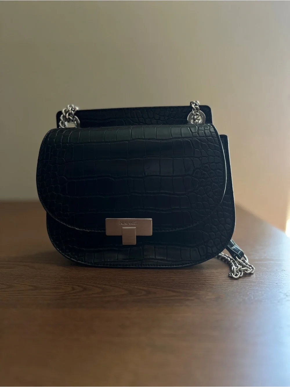 Nine West Black Croc-Embossed Crossbody Bag with Silver Hardware